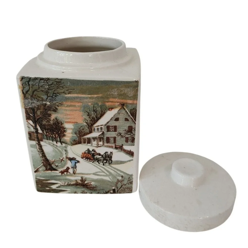 Vintage Ceramic Winter Snow Scene Tea Sugar Coffee Caddy Canister Cork Lined Lid